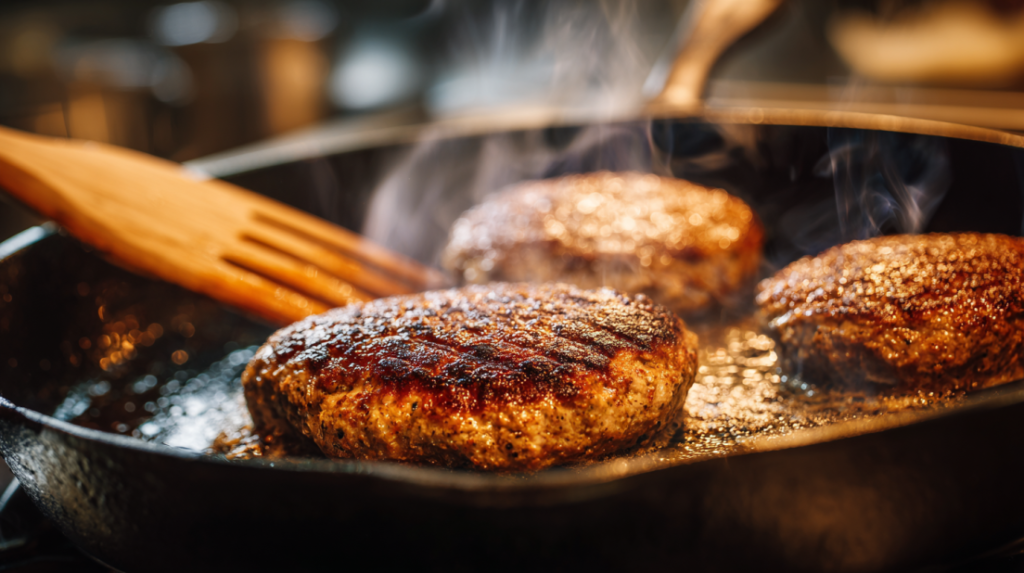 Hamburger steaks searing in cast iron skillet developing golden brown crust