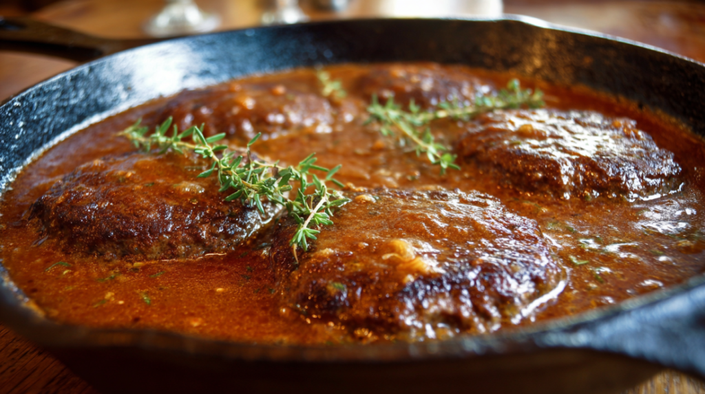 Hamburger steaks simmering in rich brown gravy during final cooking stage