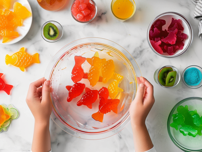 Step by step process of making homemade Swedish style gummy fish candy with natural fruit juice, gelatin, and fish-shaped silicone molds