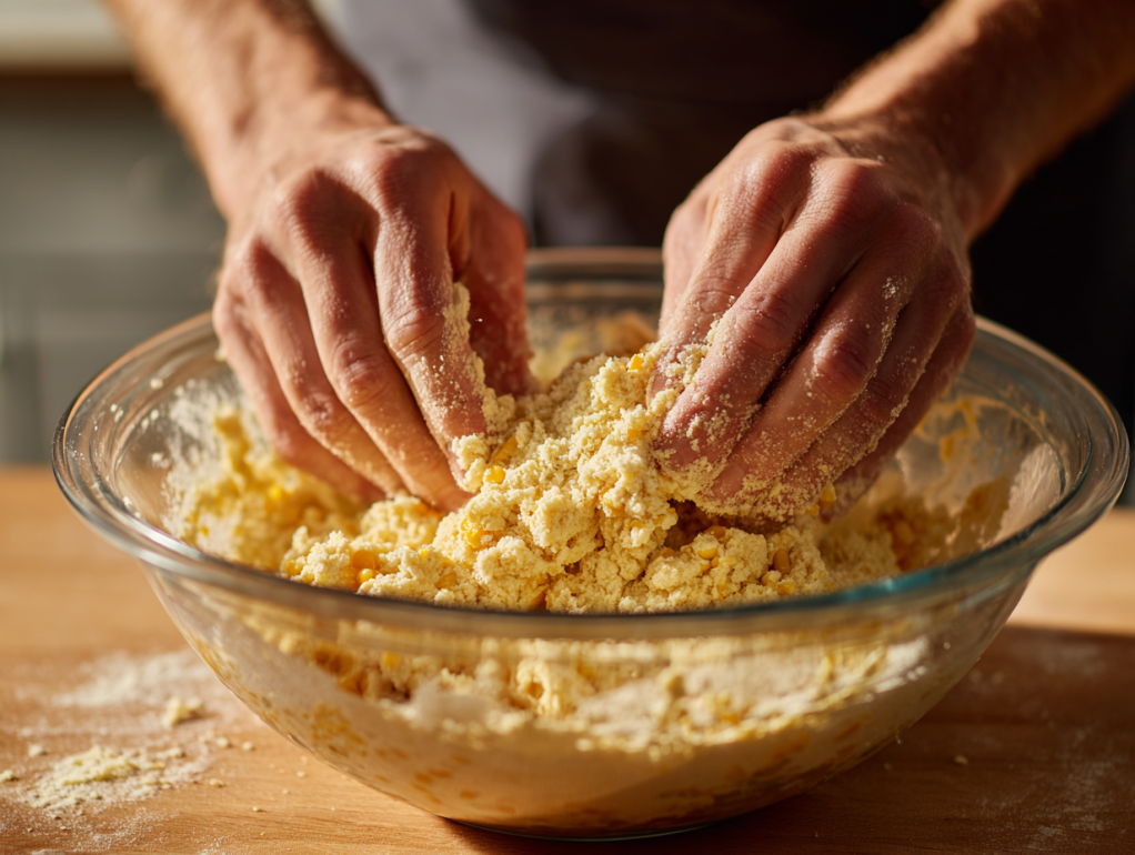 Hands gently folding corn kernels into fritter batter showing proper mixing technique