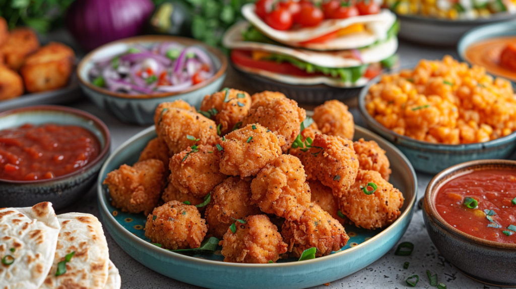 Kid-friendly air fryer chicken recipes including nuggets, quesadillas, and popcorn chicken on colorful plates