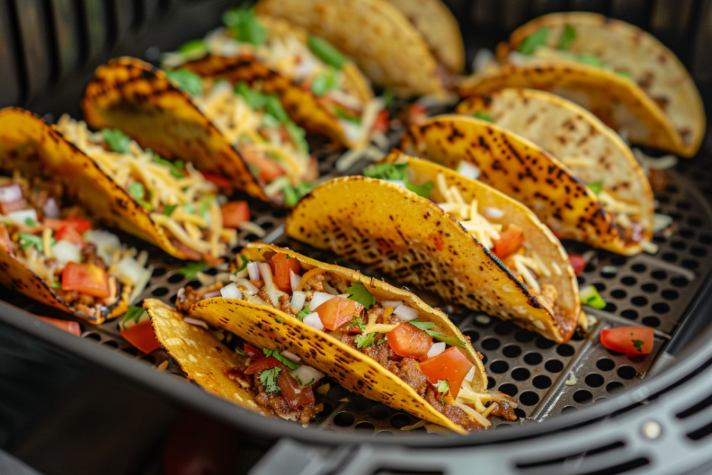 Mini tacos cooking in air fryer basket showing golden browning and proper spacing