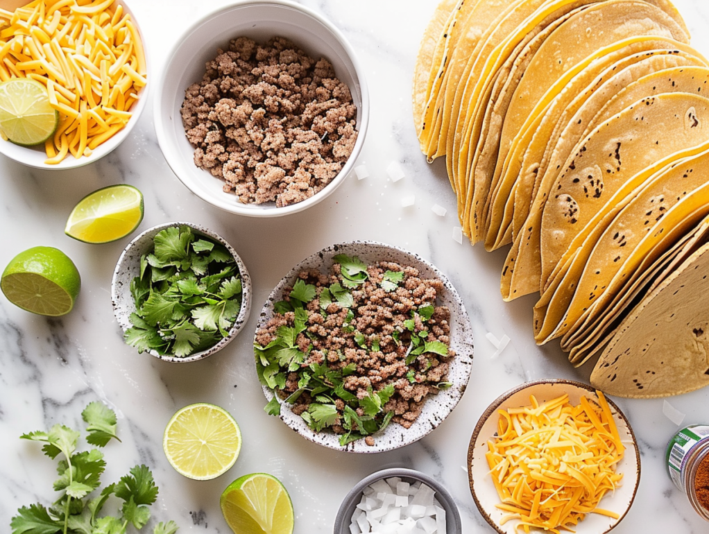 All ingredients for air fryer mini tacos including corn tortillas, ground beef, cheese, and seasonings