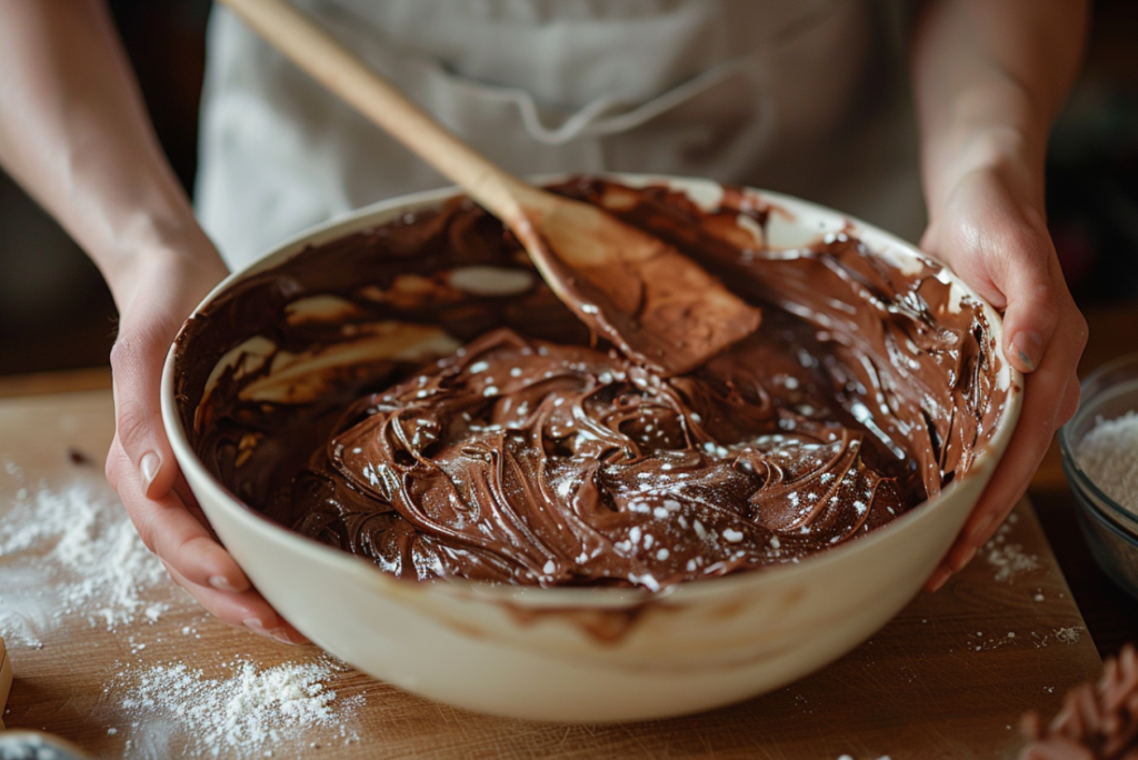Hands mixing rich chocolate donut hole batter in bowl, showing proper texture and consistency for air frying