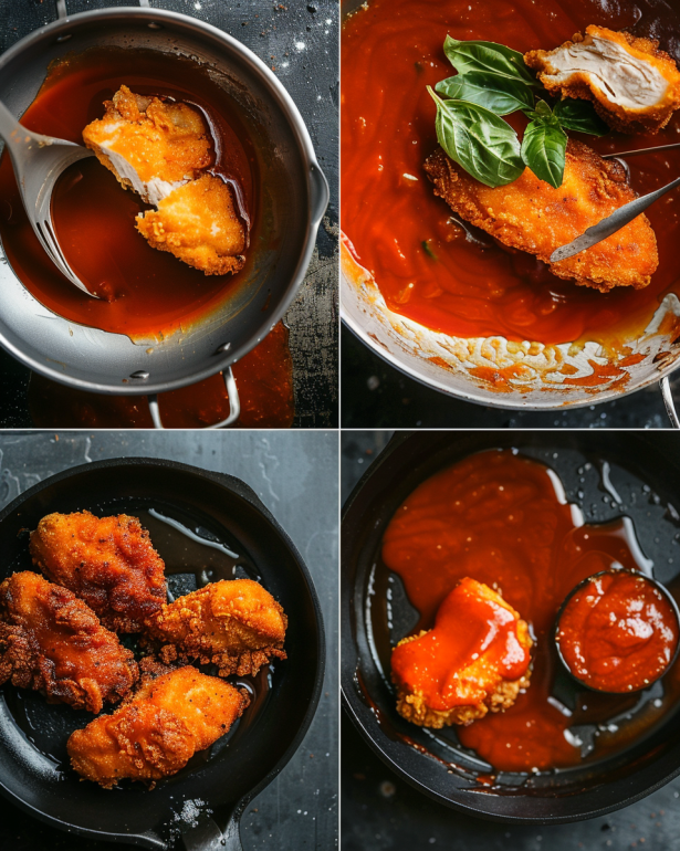 Step-by-step Nashville hot chicken process showing brining, dredging, frying, and sauce application techniques