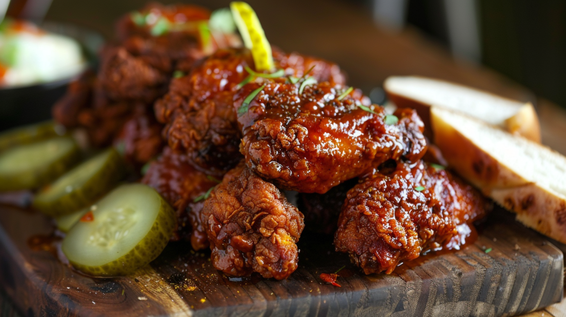 Viral Nashville hot chicken with vibrant red fiery coating, crispy texture, and traditional pickle garnish on wooden board