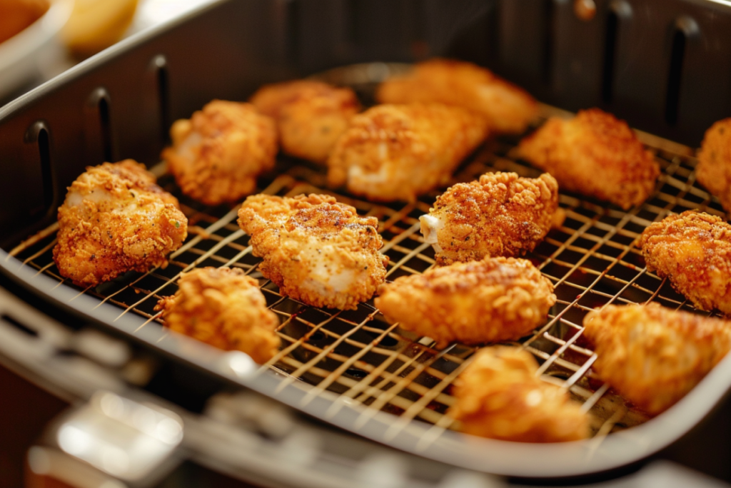 Coated chicken pieces cooking in air fryer basket at 400°F showing golden browning for orange chicken
