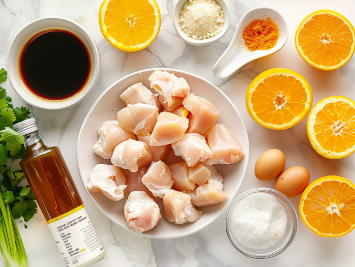 Fresh ingredients for air fryer orange chicken including chicken, oranges, cornstarch, soy sauce, and seasonings