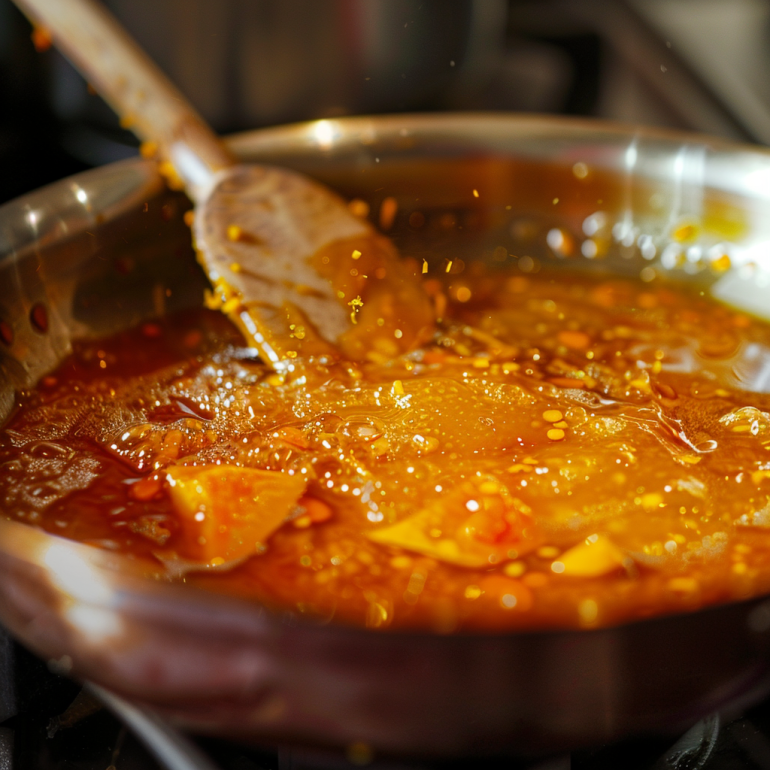 Homemade orange sauce simmering in pan with fresh orange zest and glossy syrupy consistency