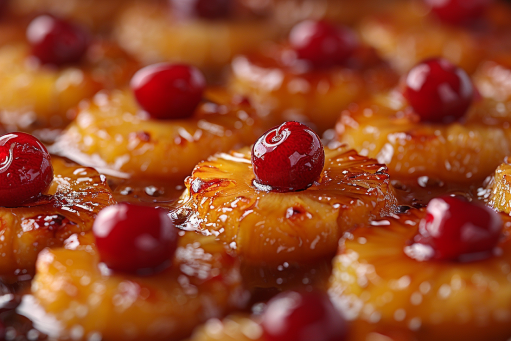 Close-up of perfectly caramelized pineapple rings with golden brown sugar glaze and bright red cherries