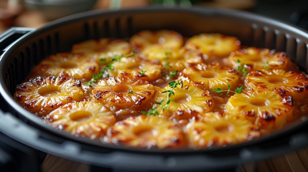 Pineapple upside-down cake baking in air fryer showing golden caramelization and cake rising during cooking process