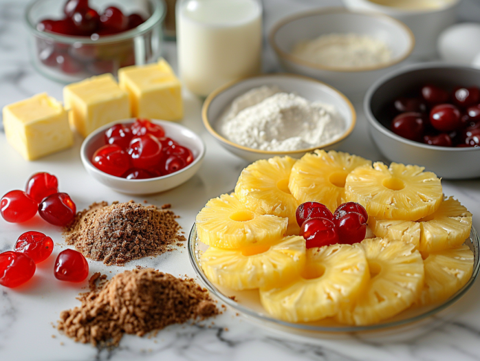 All ingredients for air fryer pineapple upside-down cake including pineapple rings, cherries, brown sugar, and cake ingredients
