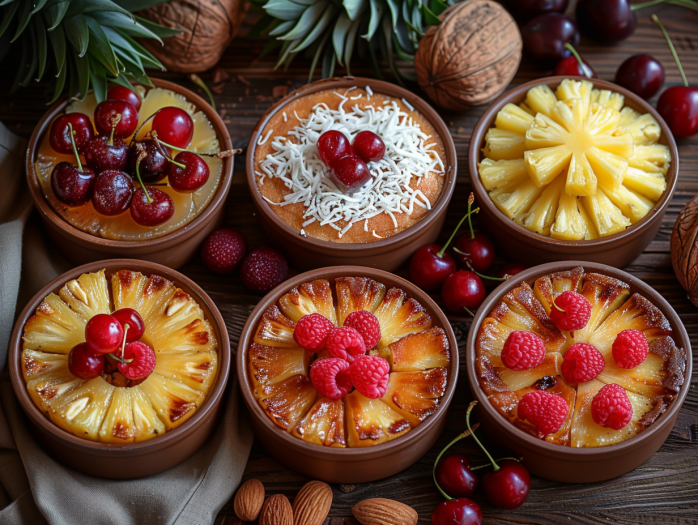 Different variations of air fryer pineapple upside-down cake including mini individual cakes and tropical versions