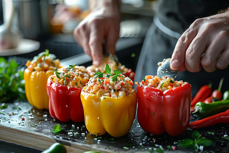 Step-by-step process of preparing bell peppers for air fryer stuffing, showing how to cut tops and remove seeds