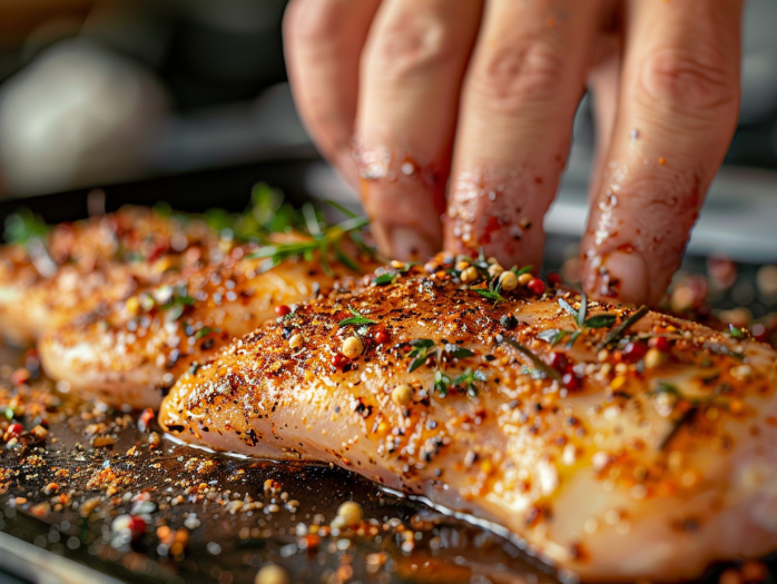 Hands applying seasoning blend to oiled chicken breast, showing proper spice coating technique for air fryer cooking