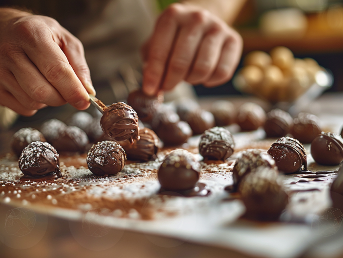 Using ice cream scoop to form perfect chocolate donut hole balls before air frying, showing proper size and technique