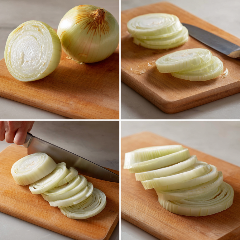 Proper technique for slicing onions into ½-inch rings for air fryer cooking