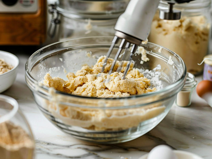 nickerdoodle cookie dough being mixed showing creamed butter and sugars with egg and vanilla in glass bowl with electric mixer