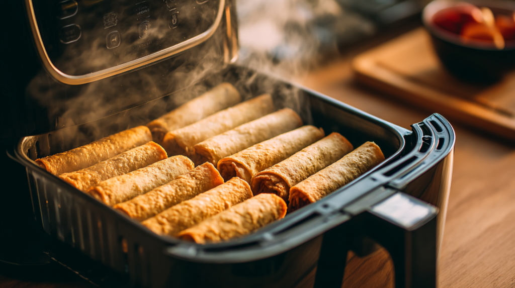 Taquitos cooking in air fryer basket at 400 degrees showing golden brown crisping