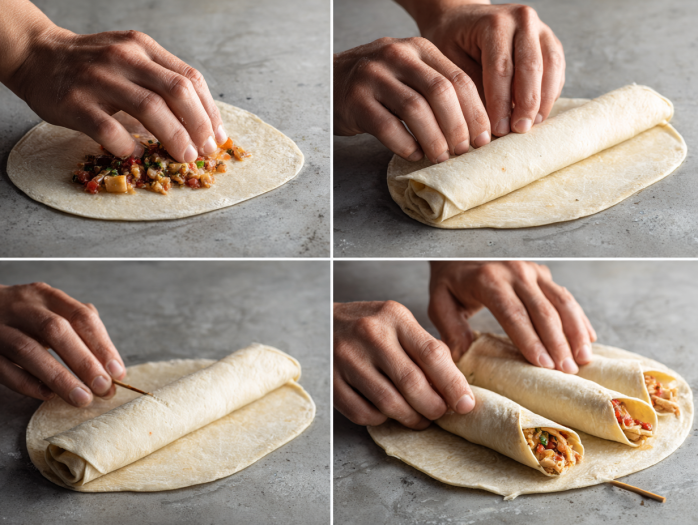 Step-by-step hands demonstration of proper taquito rolling technique with toothpick securing