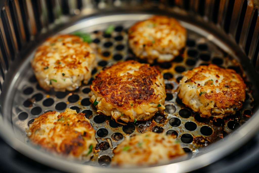 Tuna patties cooking in air fryer basket at 375°F showing golden browning and proper spacing