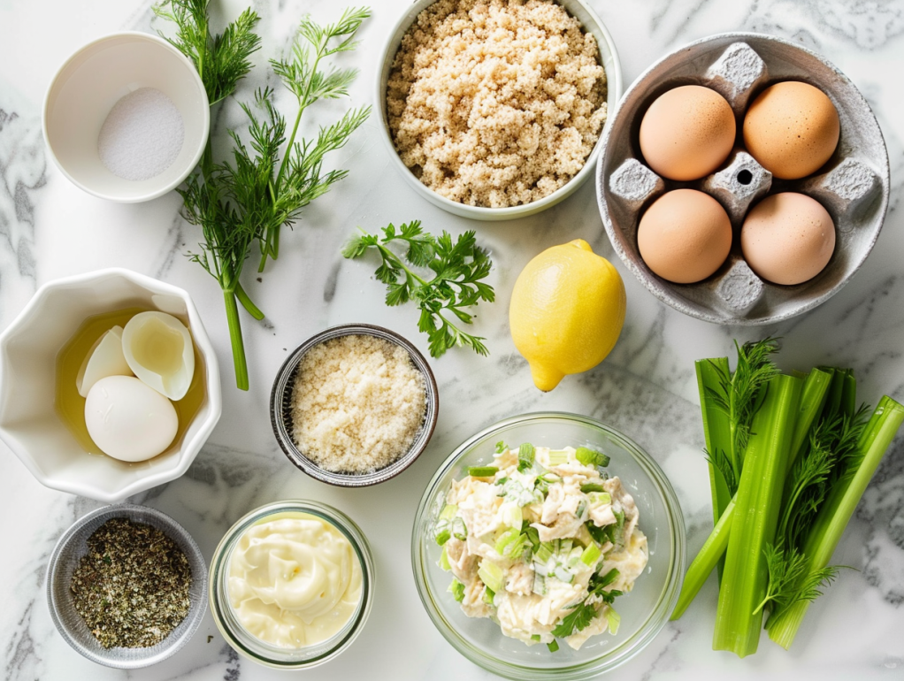 Simple ingredients for air fryer tuna patties including canned tuna, breadcrumbs, eggs, and vegetables