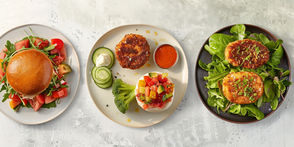 Four serving ideas for air fryer tuna patties including dinner plate, sandwich, salad, and appetizer