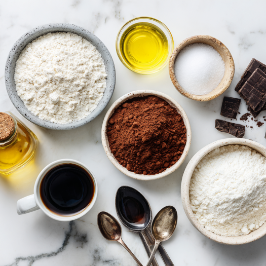 Complete plant-based ingredient layout for air fryer vegan chocolate cake with no eggs or dairy