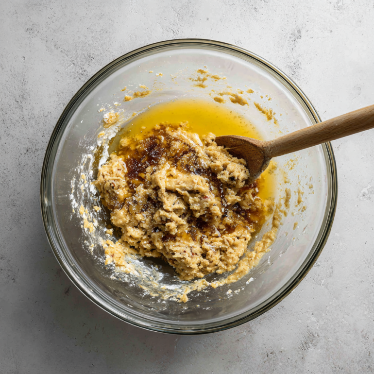 Mixing cookie dough with melted butter and brown sugar in a glass bowl
