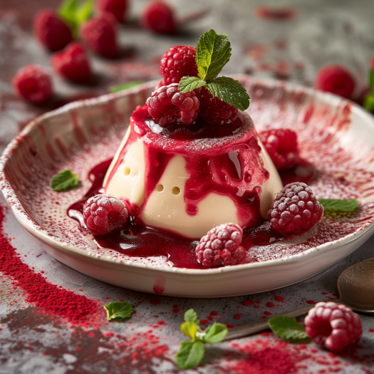White chocolate raspberry lava cake with fresh berries and pink sauce