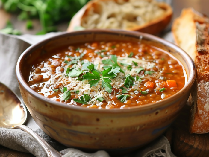 bowl of lentil soup served with fresh parsley and grated parmesan