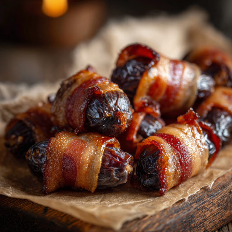 Air fryer bacon-wrapped dates on parchment with glossy caramelized bacon.