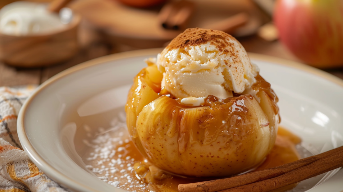 Warm air fryer baked apple with cinnamon filling topped with vanilla ice cream on white plate