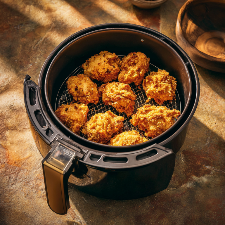 Chicken pieces air frying to golden crisp inside the air fryer basket.