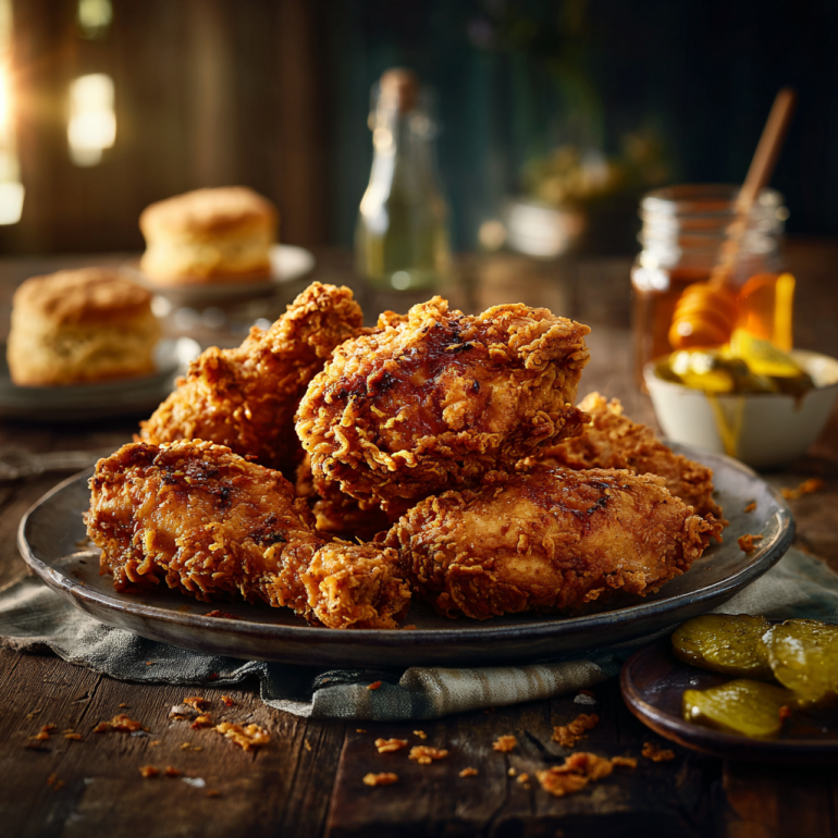 Golden crispy buttermilk fried chicken served with honey drizzle and pickles on a rustic table.