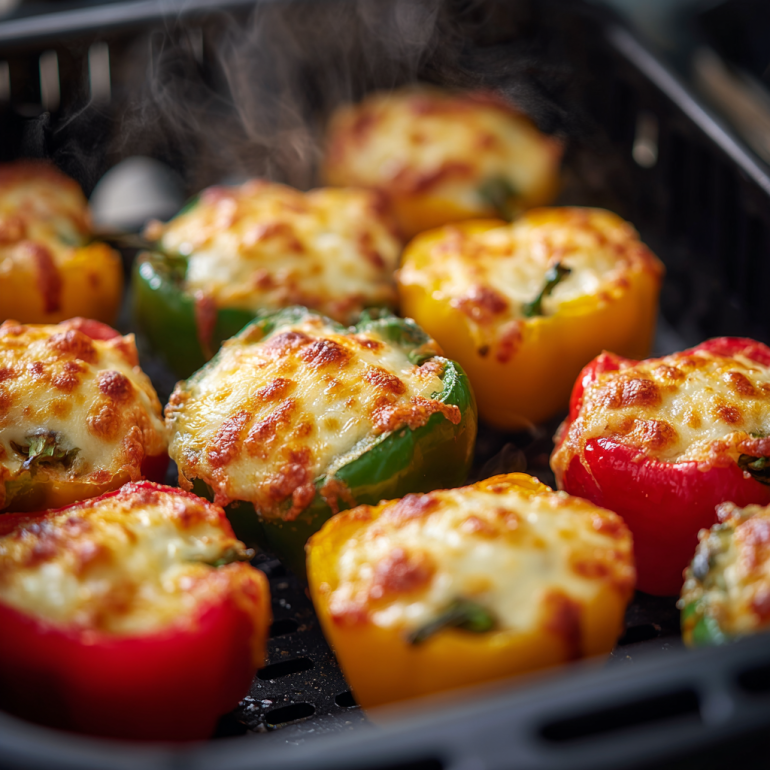 Cheese-stuffed mini peppers baking in an air fryer basket until golden.
