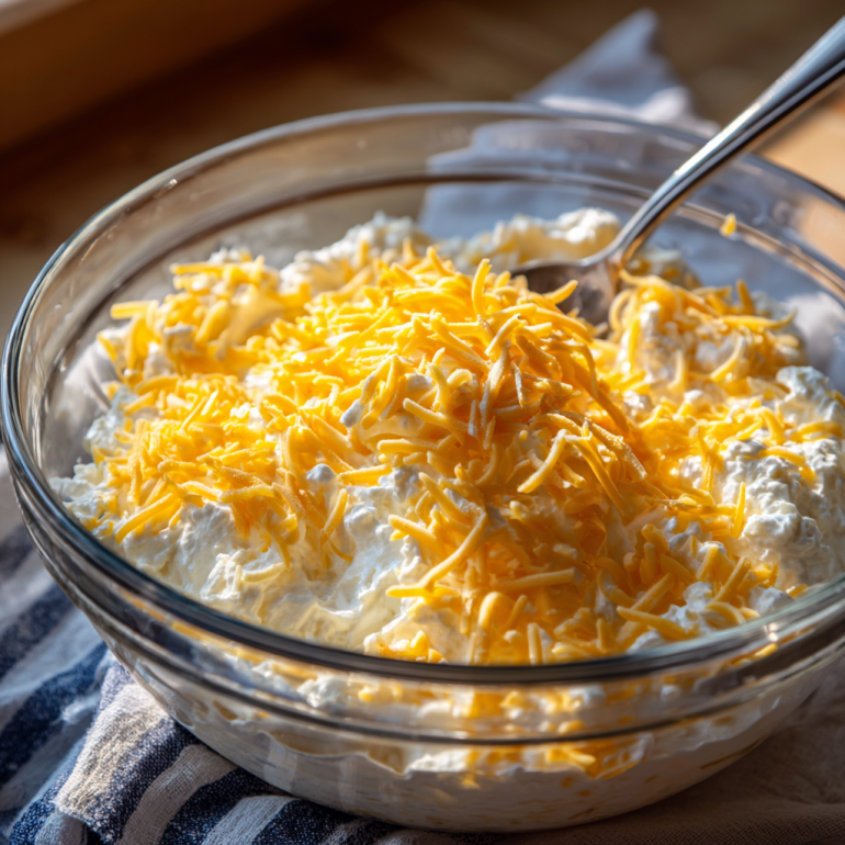Mixing cream cheese, cheddar, and mozzarella for the stuffed pepper filling.