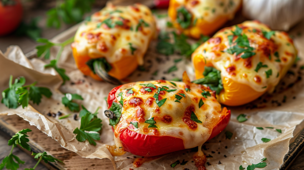 Crispy air fryer cheese-stuffed peppers with melted cheese and parsley garnish.