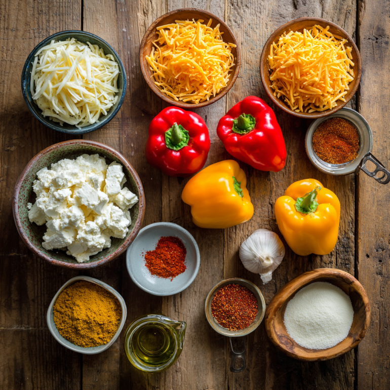 Ingredients for air fryer cheese-stuffed peppers on a wooden kitchen counter.