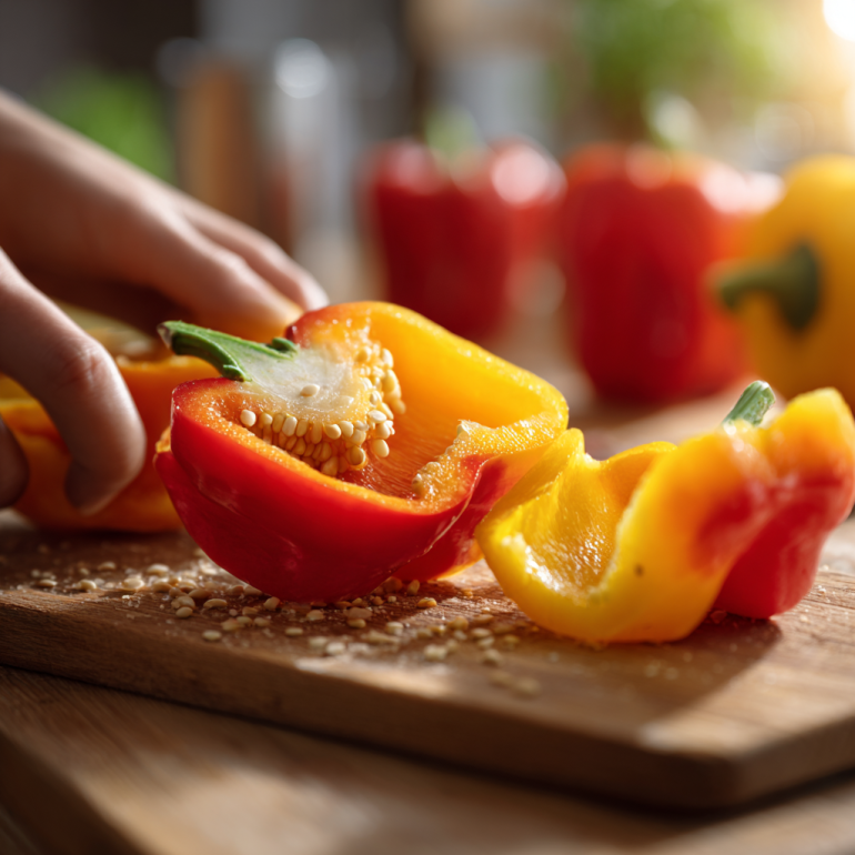 Hands cutting and preparing mini bell peppers for stuffing