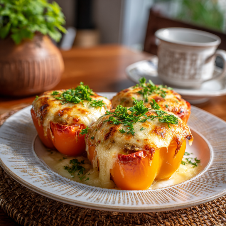 Golden cheese-stuffed peppers topped with melted cheese and herbs.