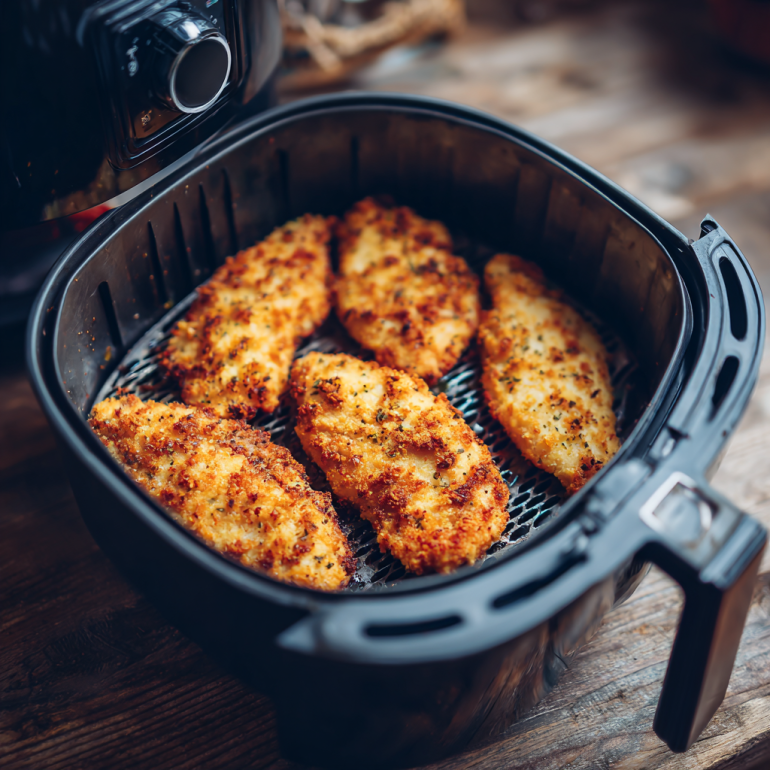 Air fryer basket with chicken fillets crisping to golden perfection.