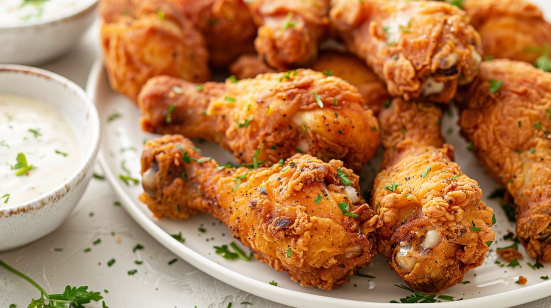 Golden crispy air fryer chicken drumsticks with perfectly browned skin piled on platter with dipping sauce