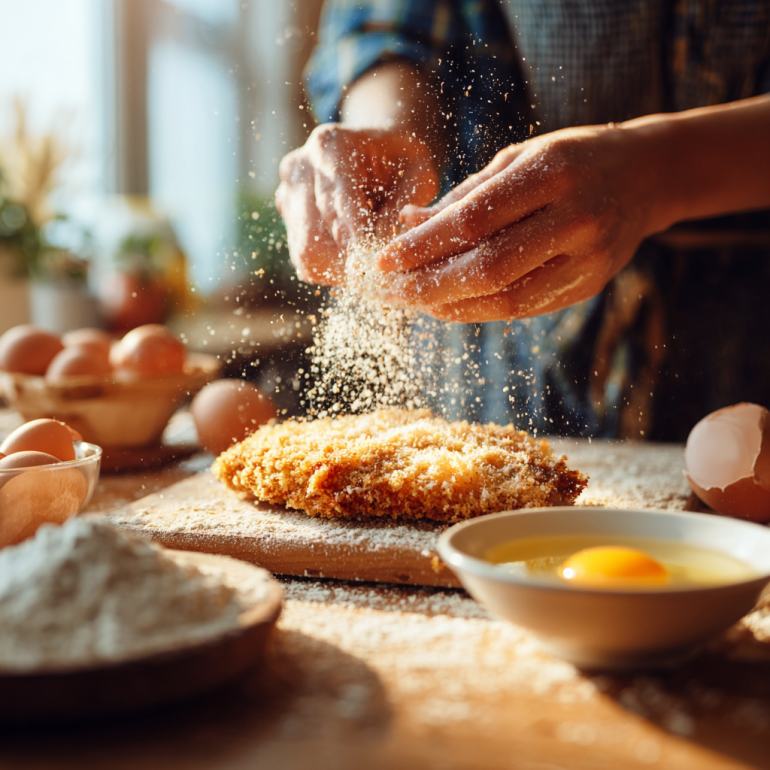Hands breading a chicken cutlet in breadcrumbs and parmesan mixture for air fryer chicken parmesan.