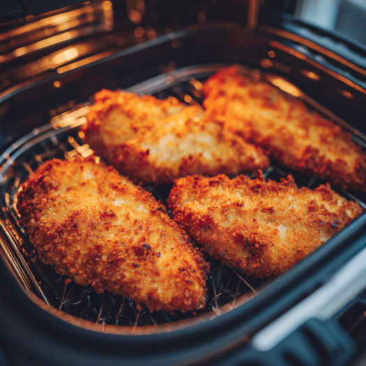 Breaded chicken cutlets cooking in an air fryer basket until golden brown.