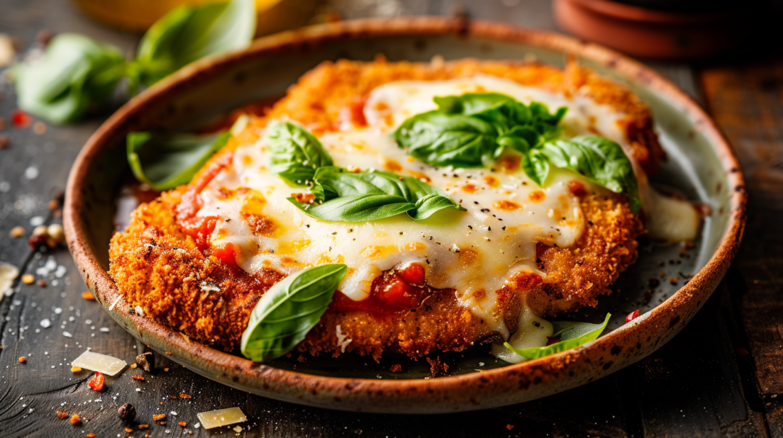 Crispy air fryer chicken parmesan with melted mozzarella and basil on a rustic plate.