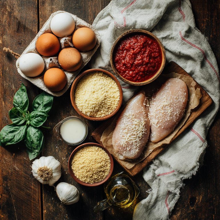 Ingredients for air fryer chicken parmesan on a wooden kitchen surface.