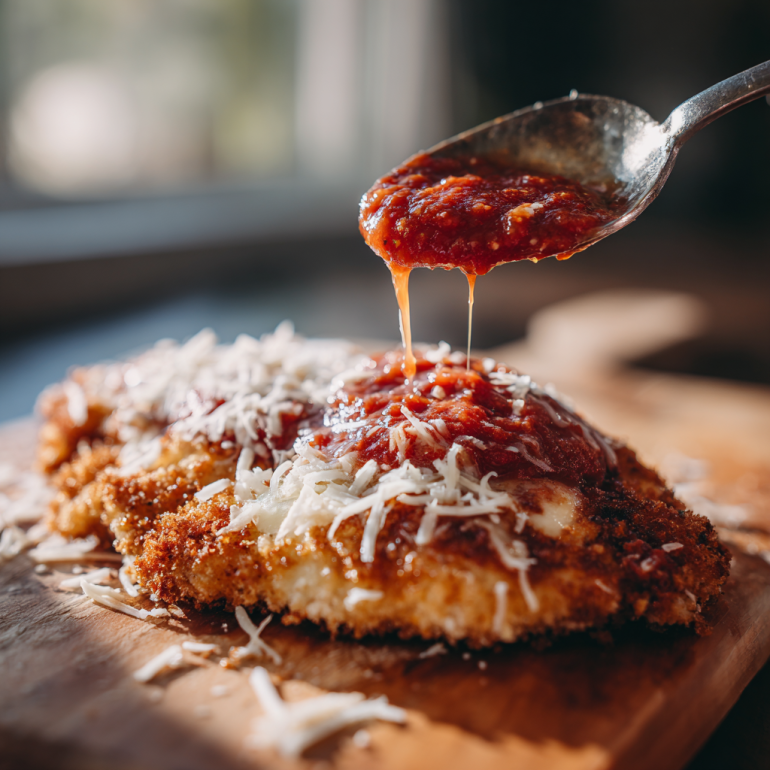 Spreading marinara sauce and mozzarella on crispy air fryer chicken.