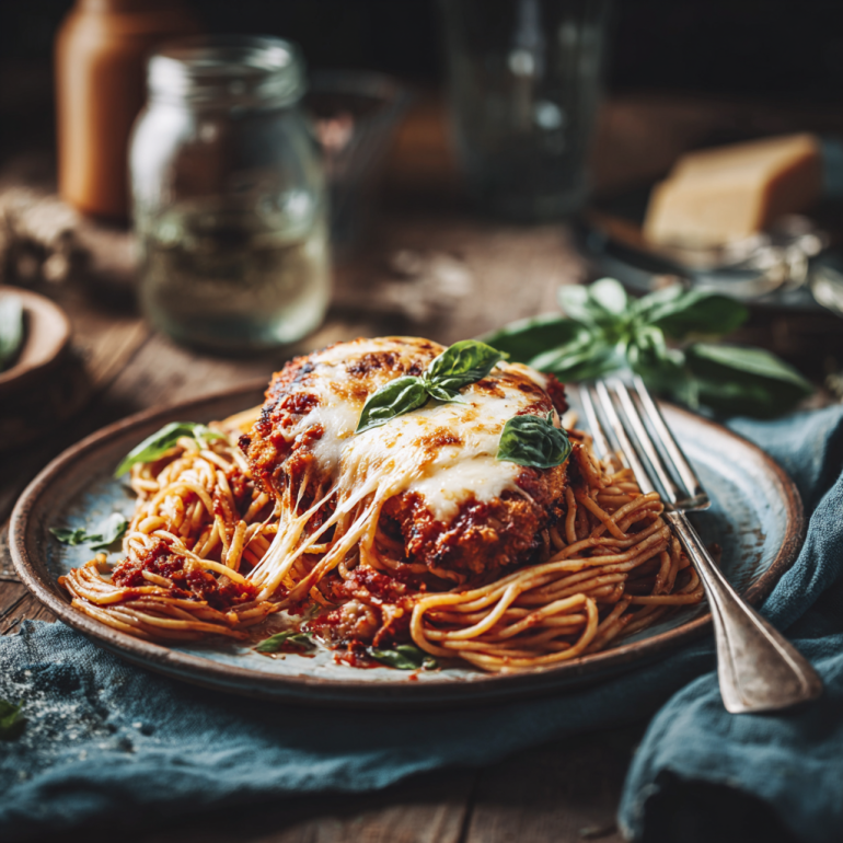 Air fryer chicken parmesan served with spaghetti and basil on a rustic dinner table.