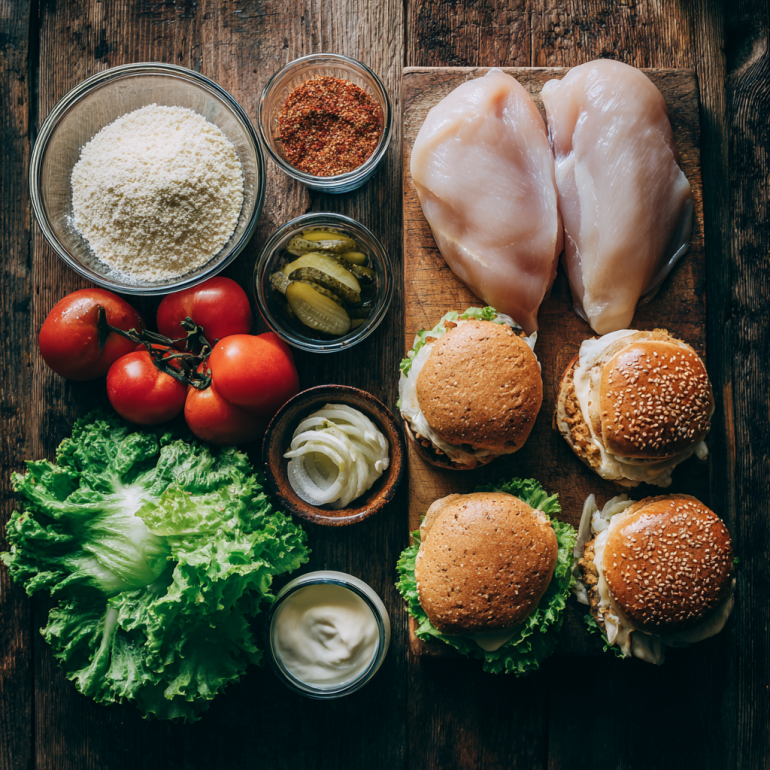 Ingredients for crispy air fryer chicken sandwich laid out on rustic kitchen table.